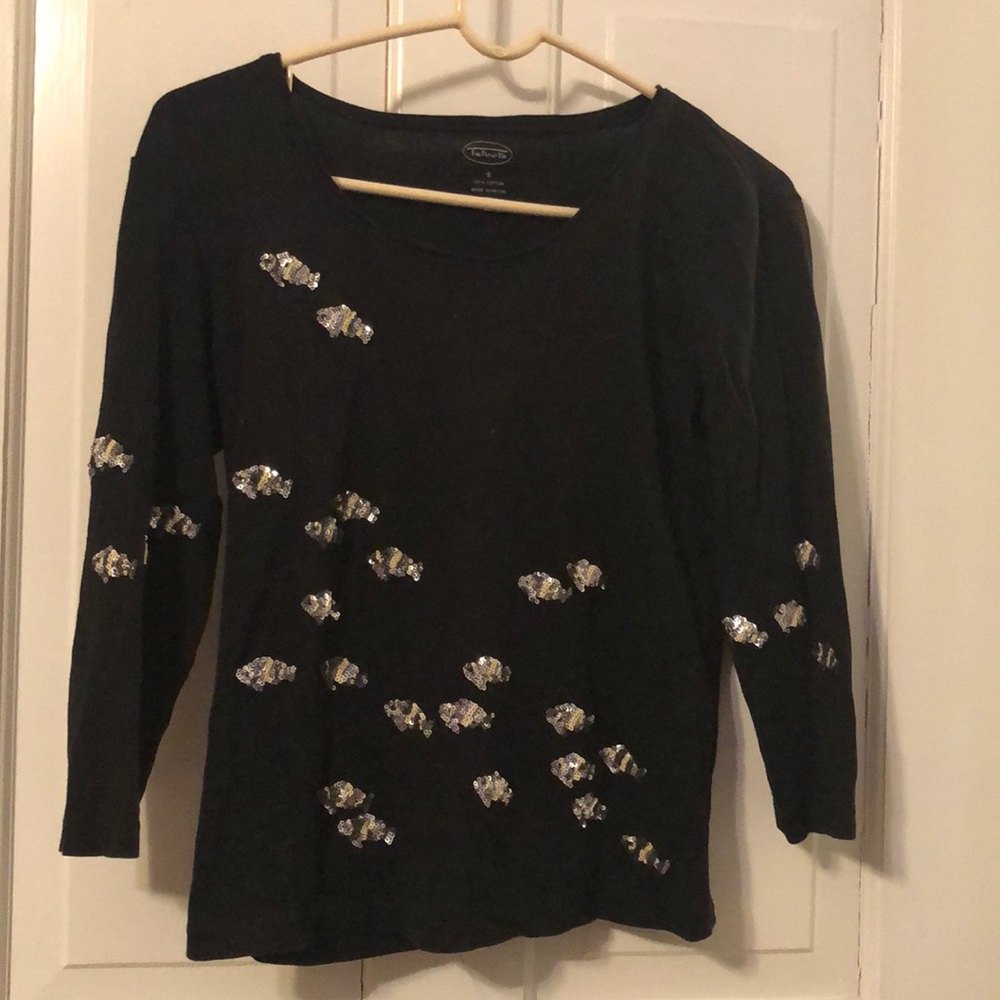 Talbots Black with Sequin Fish pullover shirt